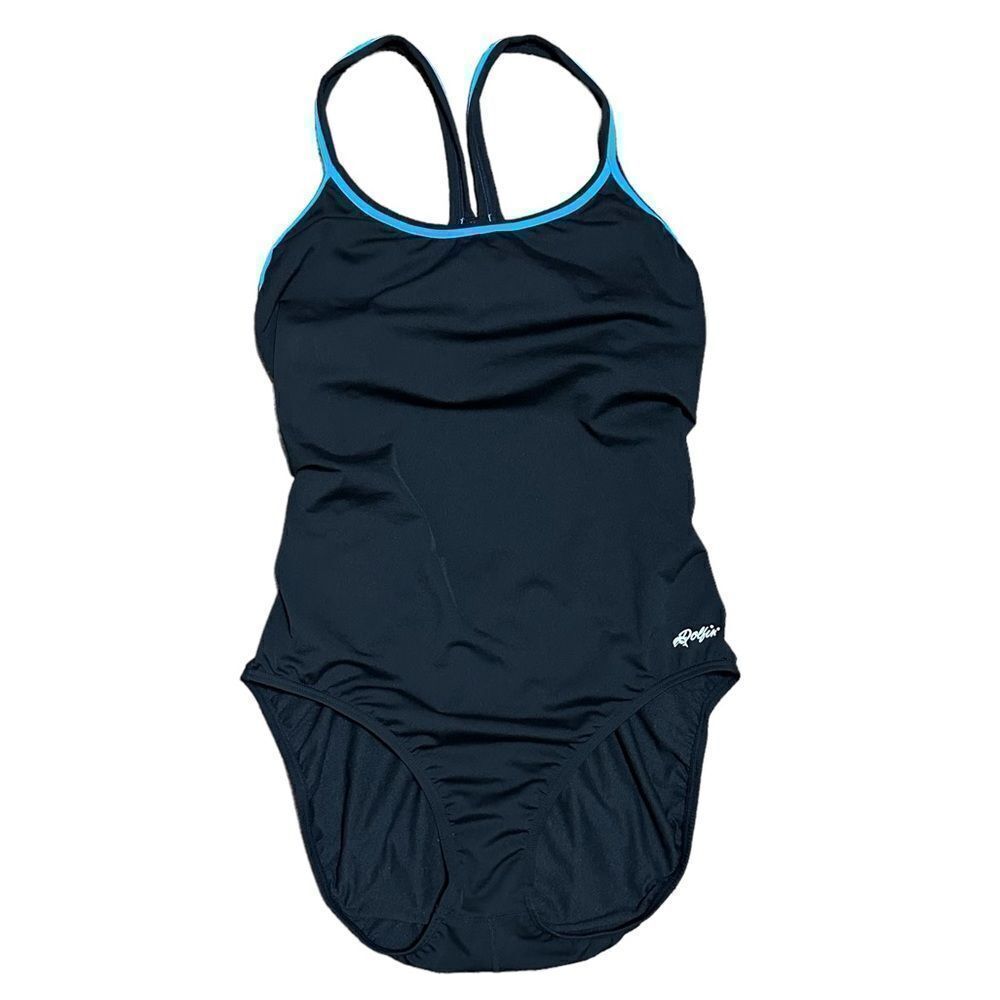Dolfin Y2K Black Full Piece Blue Trim Razor Back Swimming  Modest Bathing Suit